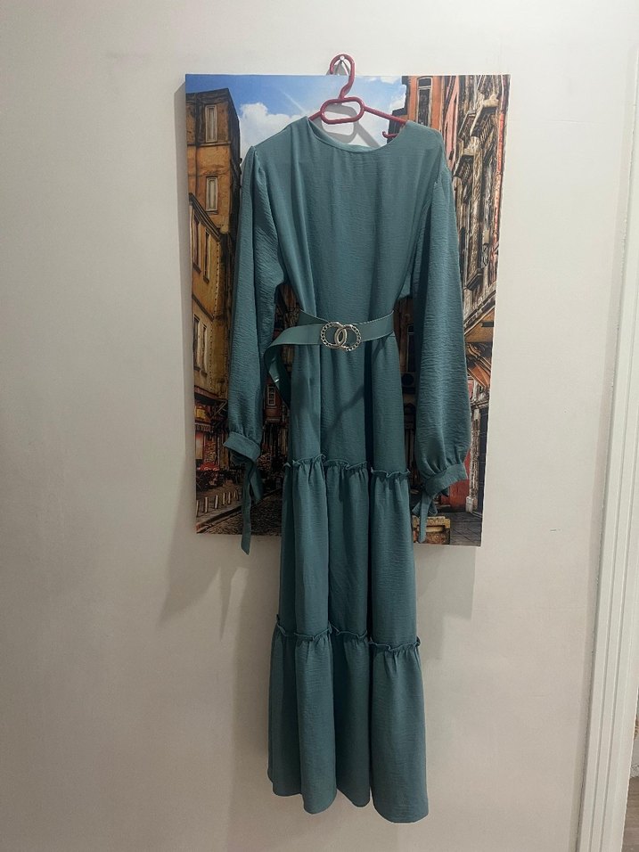 Turkuaz Uzun Kollu Kemerli Kadın Elbise - Görsel 3