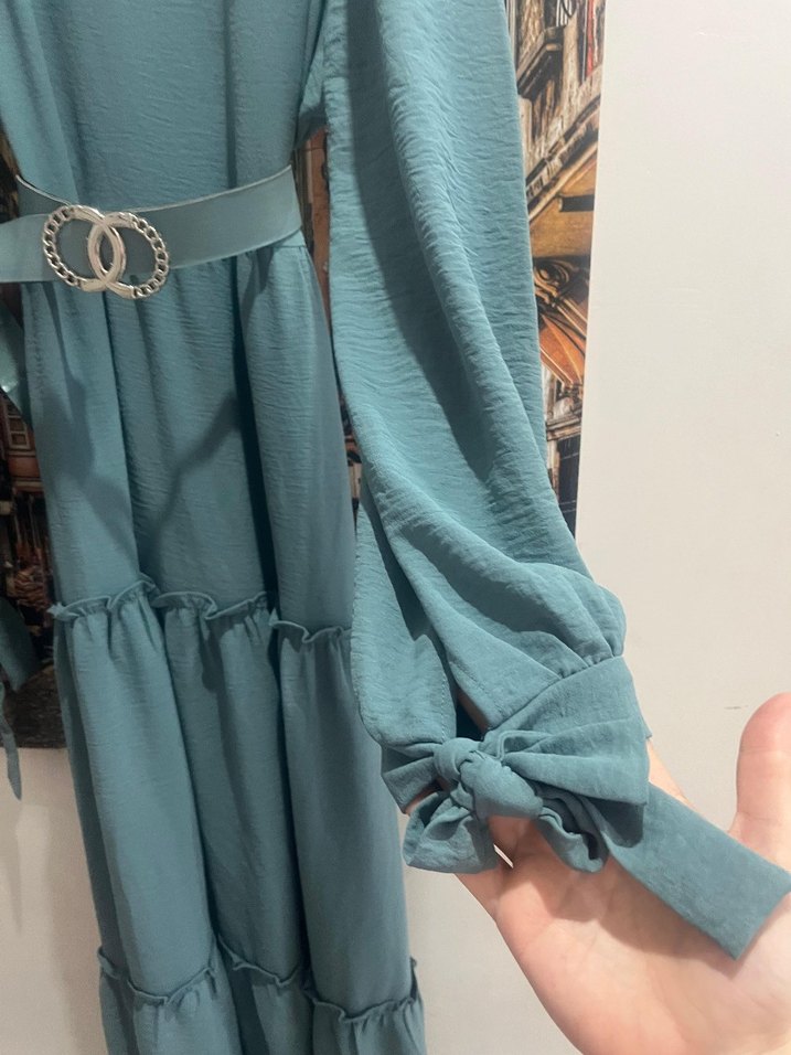 Turkuaz Uzun Kollu Kemerli Kadın Elbise - Görsel 4