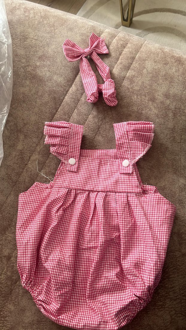 Pembe Kareli Fırfırlı Bebek Kız Tulum - Görsel 5