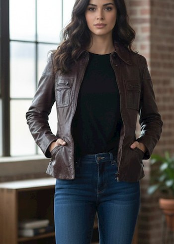 Kahverengi Deri Biker Ceket - Görsel 2