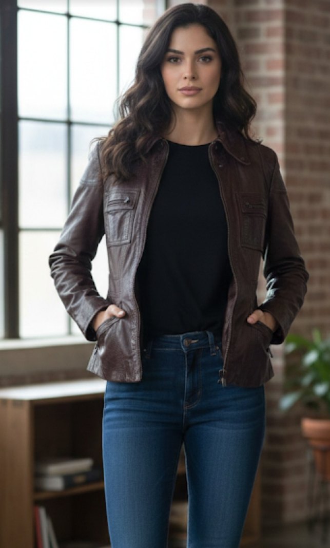 Kahverengi Deri Biker Ceket - Görsel 2