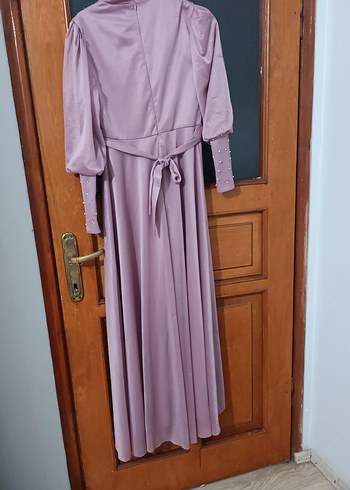 Uzun Kollu Pilili Bej Abiye Elbise - Görsel 3