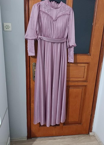 Uzun Kollu Pilili Bej Abiye Elbise - Görsel 4