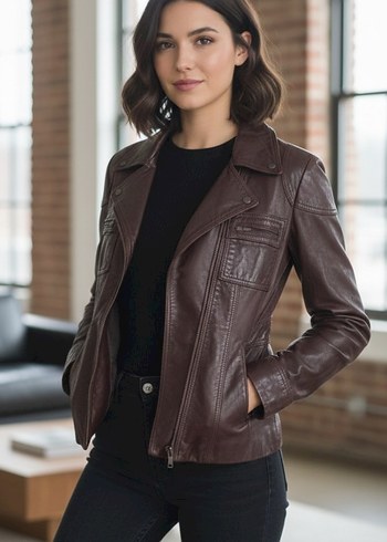 Düğmeli Kahverengi Deri Kadın Ceket - Görsel 5