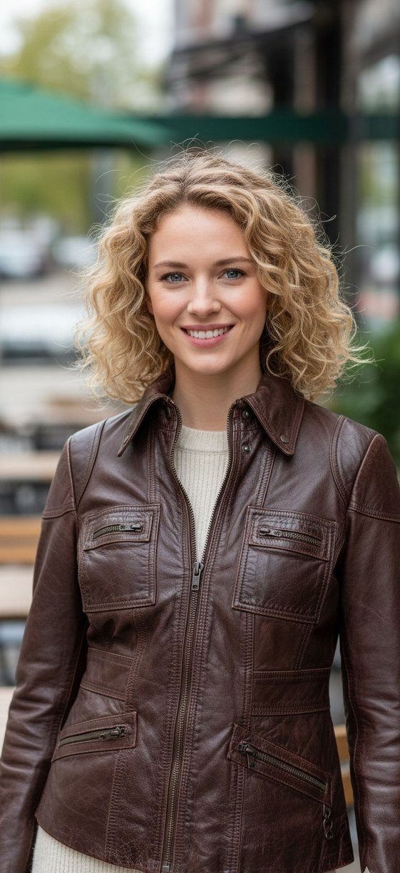 Düğmeli Kahverengi Deri Kadın Ceket - Görsel 2