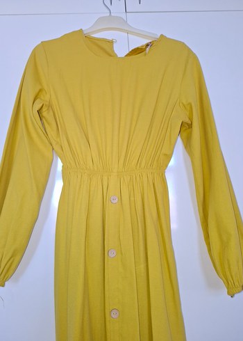 Sarı Düğmeli Uzun Keten Elbise - Görsel 6