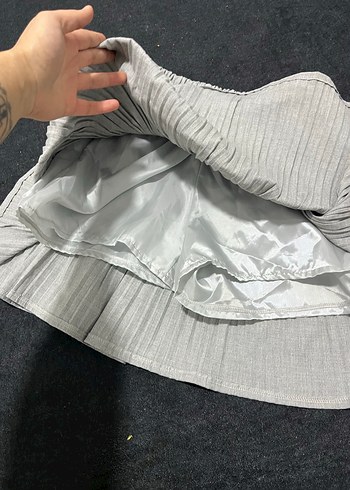 Gri Keten Pilili Mini Etek - Görsel 2