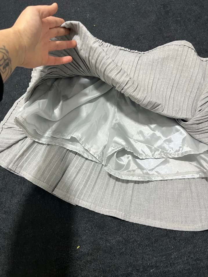 Gri Keten Pilili Mini Etek - Görsel 2