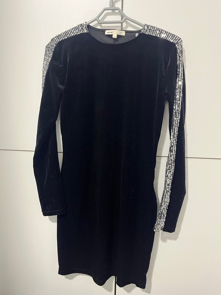 Uzun Kollu Siyah Payetli Midi Elbise - Görsel 2