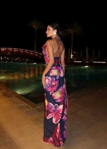 Mor Drapeli İp Askılı Uzun Elbise - Görsel 3