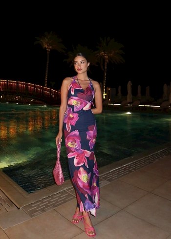 Mor Drapeli İp Askılı Uzun Elbise - Görsel 2