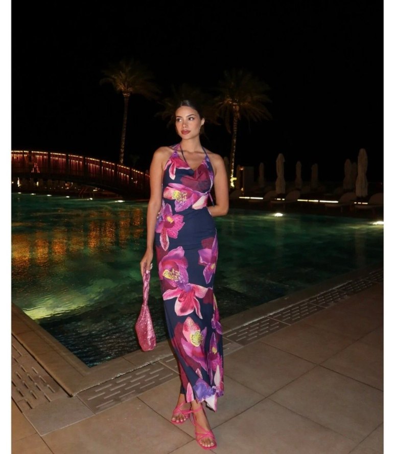 Mor Drapeli İp Askılı Uzun Elbise - Görsel 2