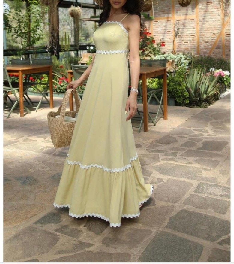 Sarı Dantel Detaylı Uzun Bohem Elbise - Görsel 2