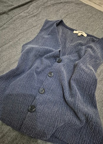 Düğmeli Keten mavi yelek - Görsel 3