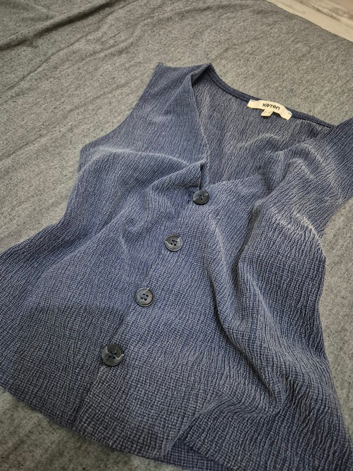 Düğmeli Keten mavi yelek - Görsel 3