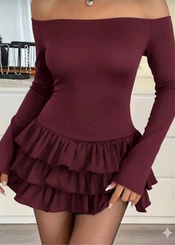 Bordo Straplez Fırfırlı Mini Elbise - Görsel 2