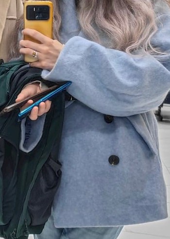 Düğmeli Mavi Midi Yün Kadın Kaban - Görsel 3