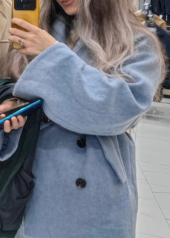 Düğmeli Mavi Midi Yün Kadın Kaban - Görsel 2