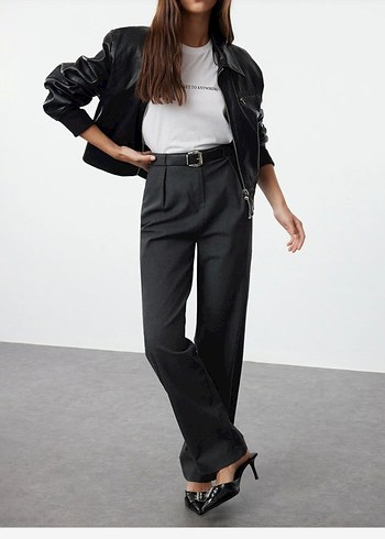 Gri Kadın Kumaş Pantolon, Normal Boy, Rahat Kesim - Görsel 2