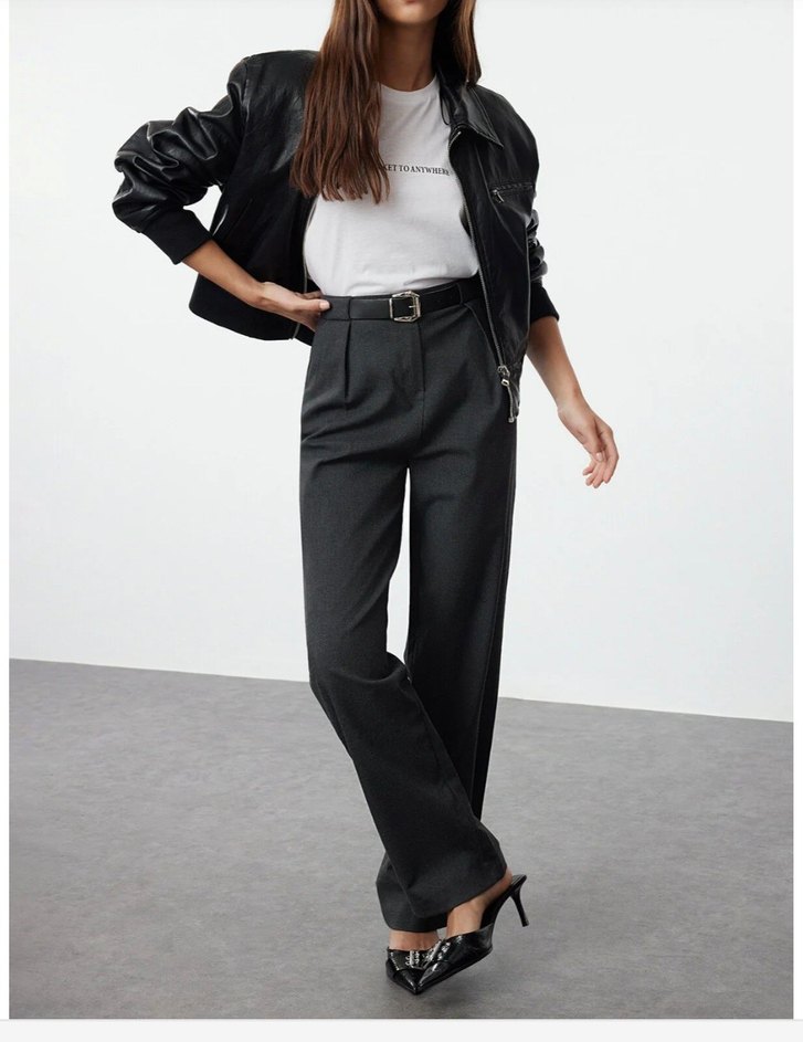 Gri Kadın Kumaş Pantolon, Normal Boy, Rahat Kesim - Görsel 2