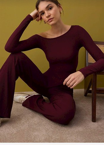 Kadın Bordo Uzun Kollu V Yakalı takım - Görsel 2