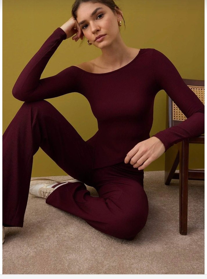 Kadın Bordo Uzun Kollu V Yakalı takım - Görsel 2