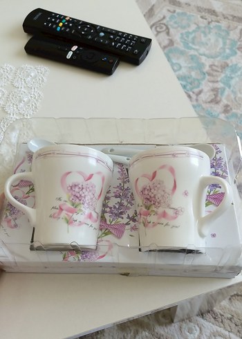 Beyaz Renkli Desenli 2'li Kahve Fincanı Seti kaşıklı - Görsel 2