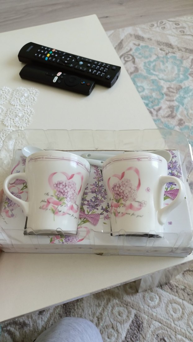 Beyaz Renkli Desenli 2'li Kahve Fincanı Seti kaşıklı - Görsel 2