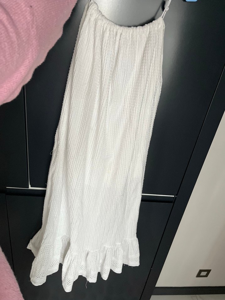 Beyaz Uzun Piliseli Hamile Keten Etek - Görsel 3