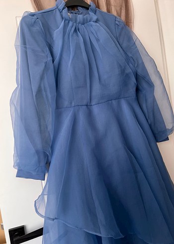 Uzun Mavi Bohem Yaka Detaylı Abiye - Görsel 3