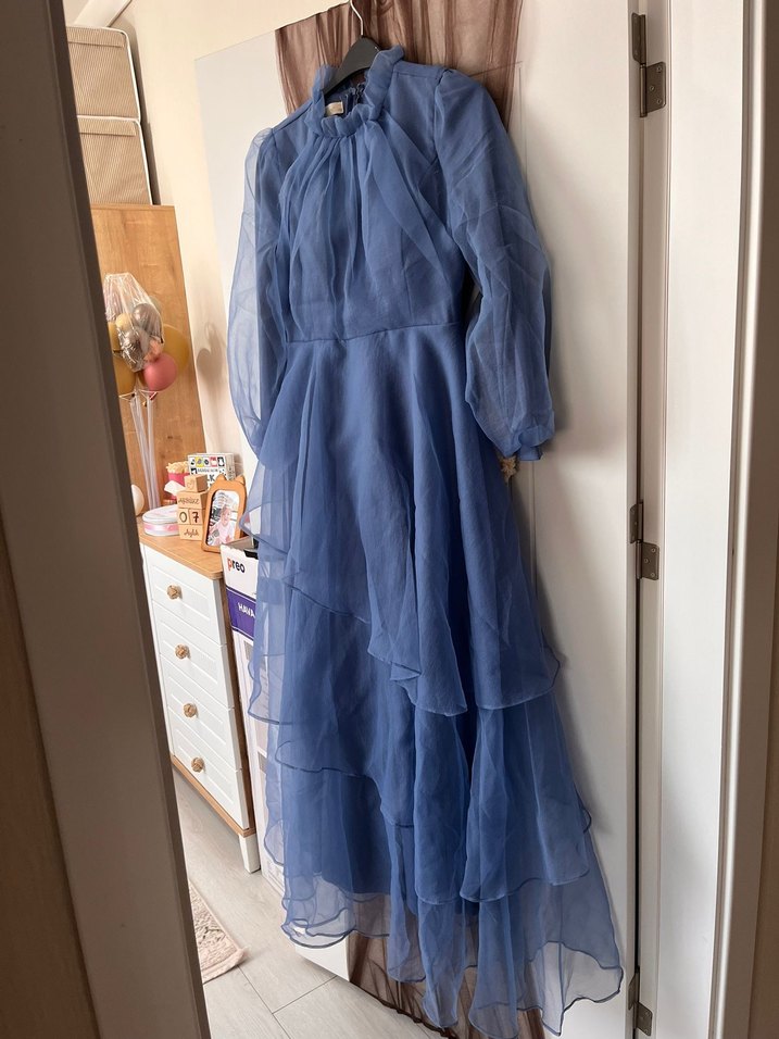 Uzun Mavi Bohem Yaka Detaylı Abiye - Görsel 4