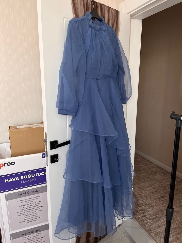 Uzun Mavi Bohem Yaka Detaylı Abiye - Görsel 2