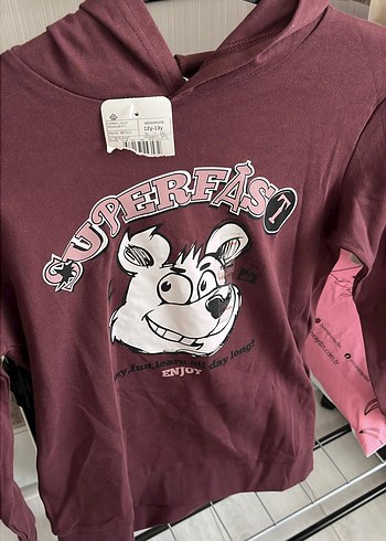 Bordo Kız Sweatshirt, Baskılı, Uzun Kollu, Peluş Detaylı