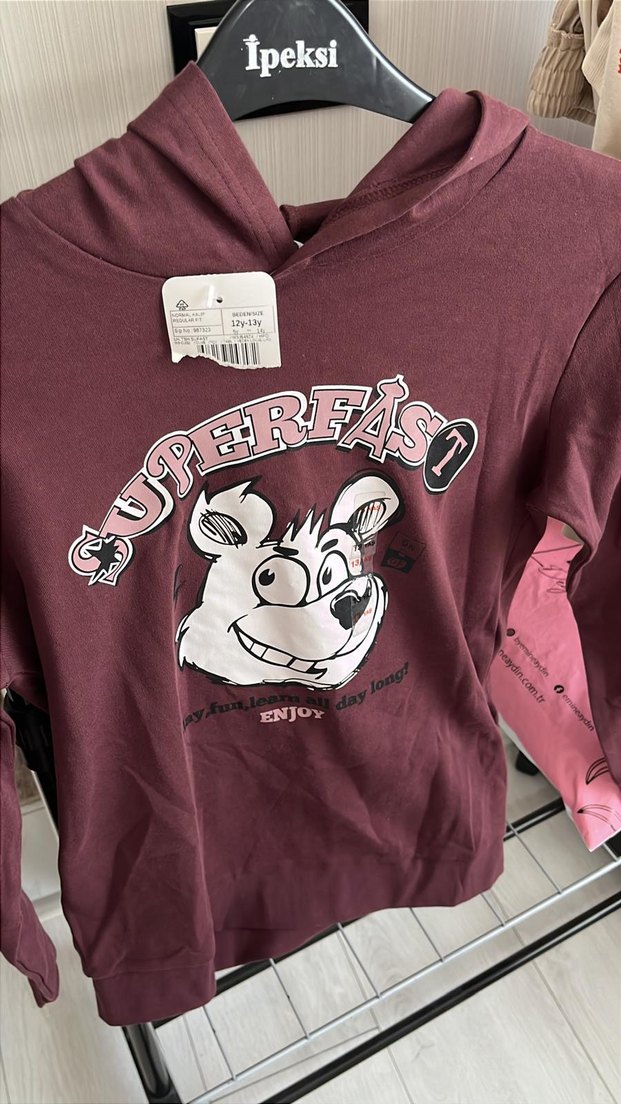 Bordo Kız Sweatshirt, Baskılı, Uzun Kollu, Peluş Detaylı - Görsel 4