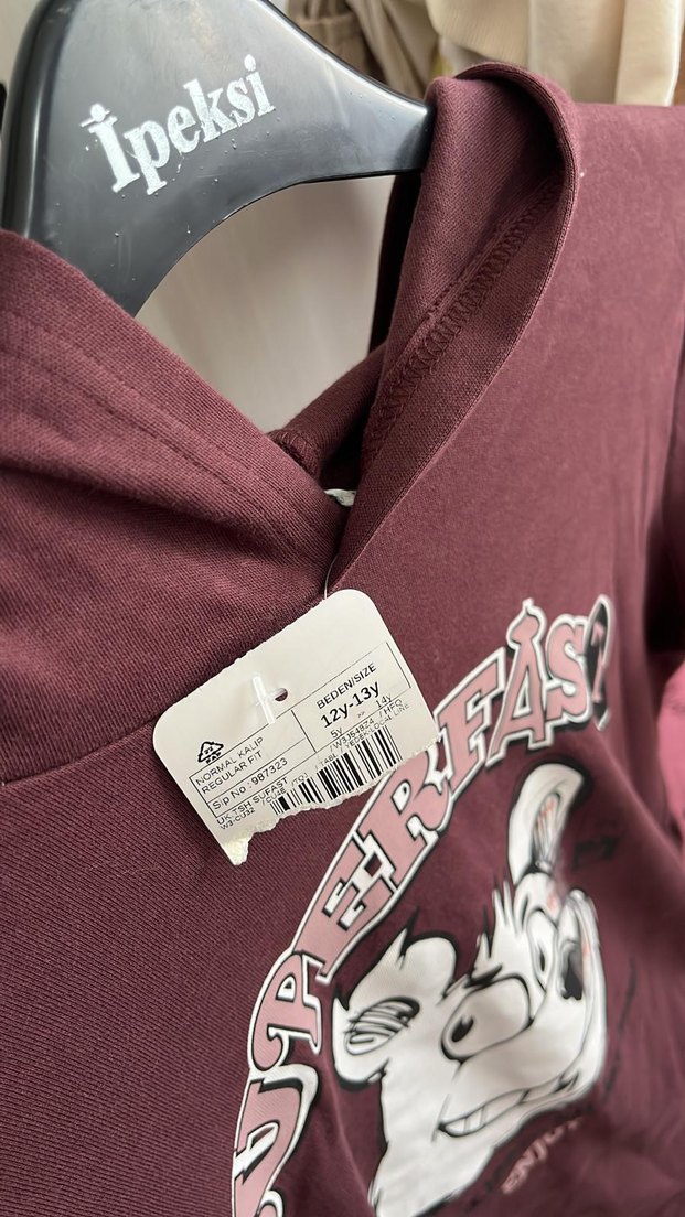 Bordo Kız Sweatshirt, Baskılı, Uzun Kollu, Peluş Detaylı - Görsel 2