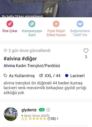 44 Beden lacivert Renk Alvina trençkot