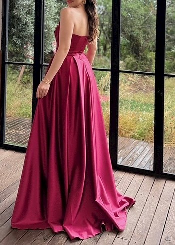 s Beden Bordo Drapeli Straplez Uzun Abiye Elbise