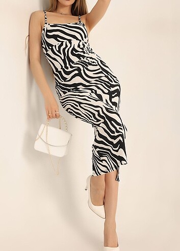 m Beden siyah Renk Zebra Desen Seul Kumaş Elbise 