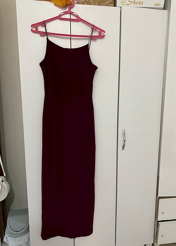 Bordo Uzun İnce Askılı Elbise