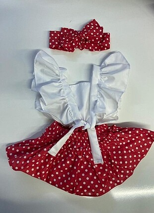 Kırmızı puantiyeli salopet bandana set sıfır ürün 