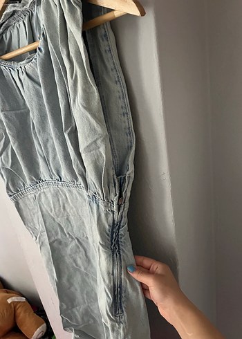s Beden mavi Renk Mini Denim Drapeli Kolsuz Elbise