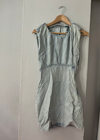 s Beden Mini Denim Drapeli Kolsuz Elbise