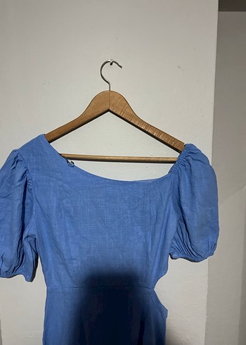 Zara Mavi Keten Midi Bohem Elbise