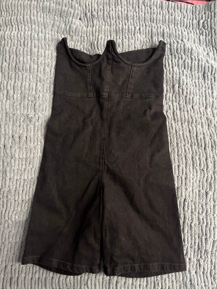 Siyah Mini Straplez Denim Tulum - Görsel 4