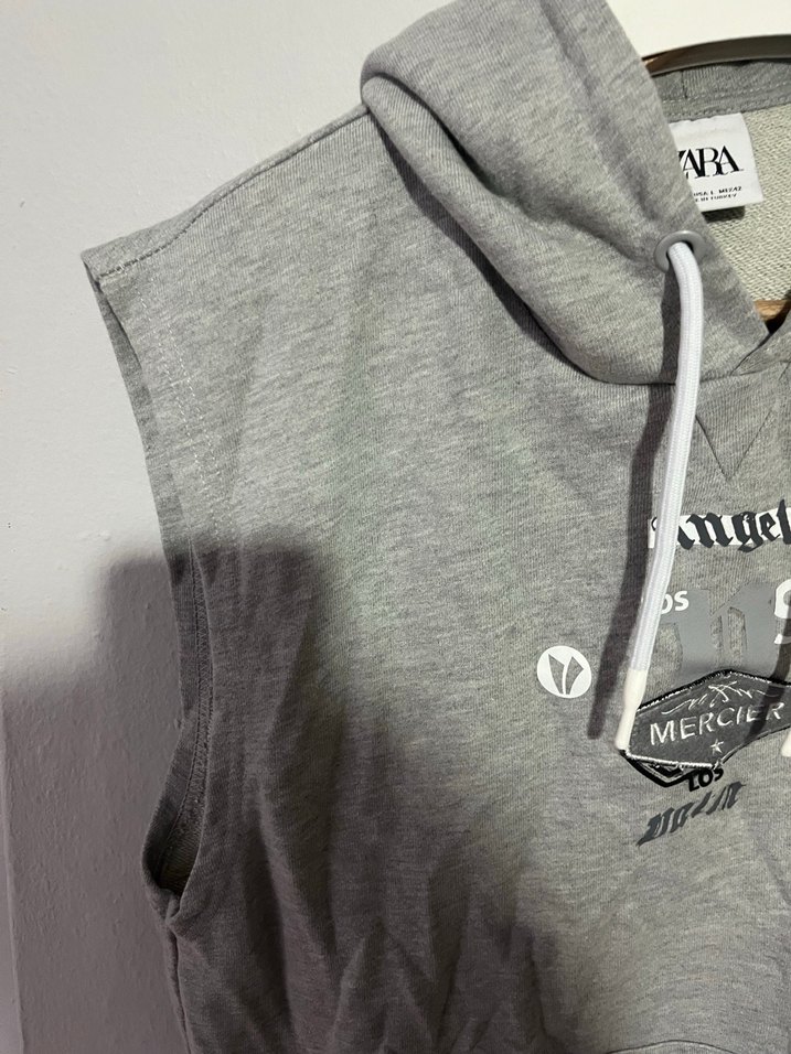 Gri Kapüşonlu Erkek  Kolsuz Sweatshirt - Görsel 4