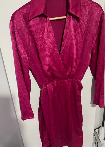 Zara saten elbise  Pembe Parlak Uzun Kollu Elbise - Görsel 3