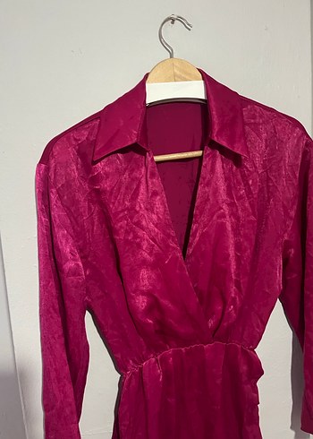 Zara saten elbise  Pembe Parlak Uzun Kollu Elbise - Görsel 2