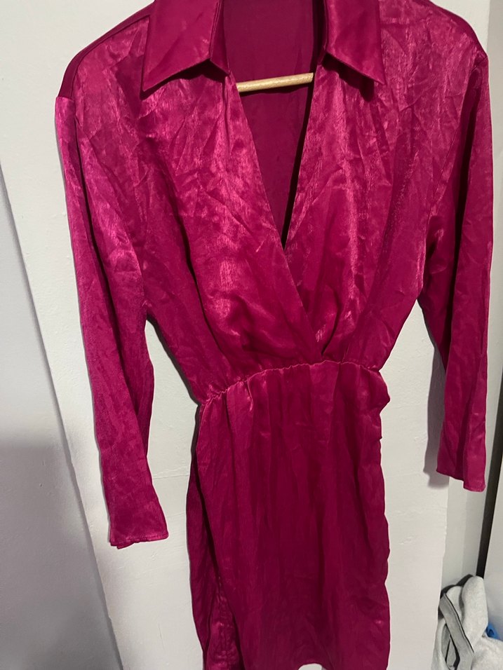 Zara saten elbise  Pembe Parlak Uzun Kollu Elbise - Görsel 3