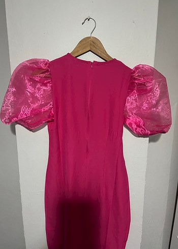 Pembe Parlak Kısa Kollu Uzun Elbise - Görsel 4