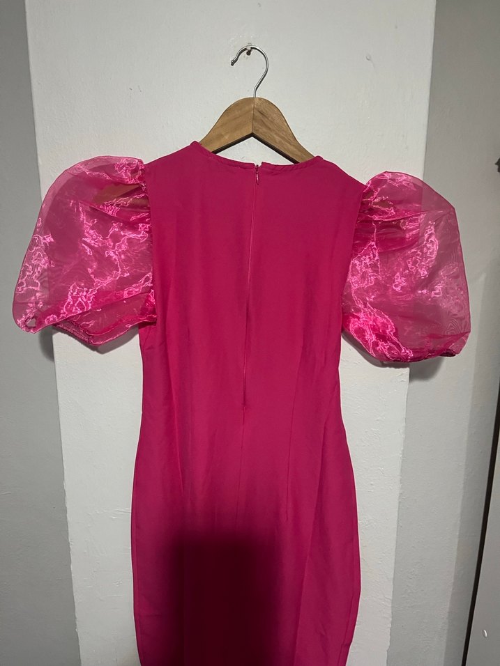 Pembe Parlak Kısa Kollu Uzun Elbise - Görsel 4